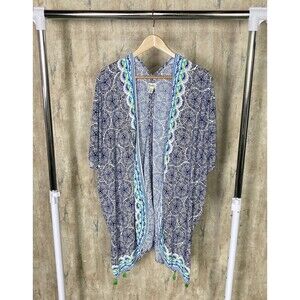 Hatley Kimono Shawl Tassels Open Front Blue White Geometric